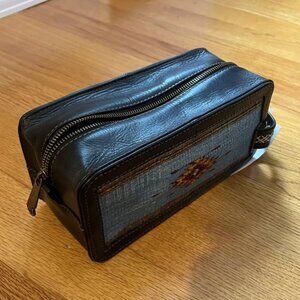 Leather Dopkit Toiletries Bag handmade Oaxaca Mexico With Plant died fabric